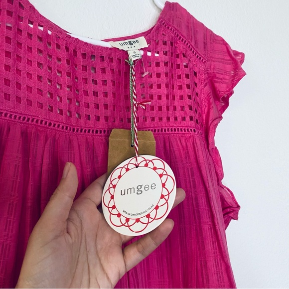 Umgee NEW Pink Lattice Plaid Flutter Sleeve Boho Flare Top Small - Picture 6 of 8